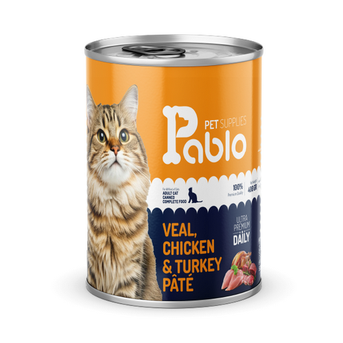 کنسرو گربه بالغ گوشت و مرغ و بوقلمون برند پابلو