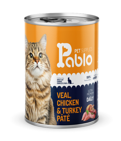 کنسرو گربه بالغ گوشت و مرغ و بوقلمون برند پابلو