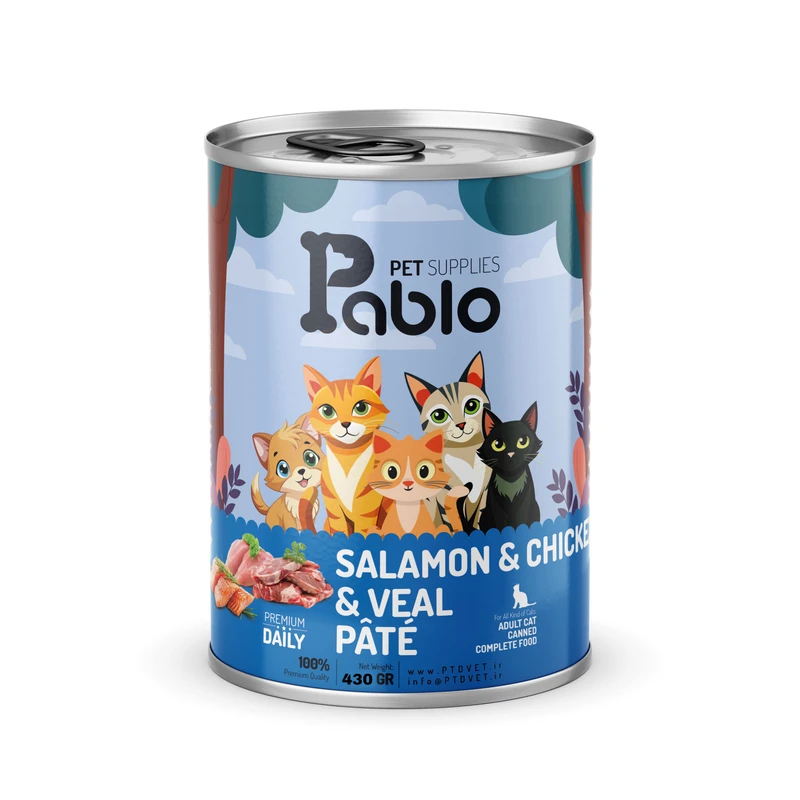 کنسرو گربه بالغ مرغ و سالمون و گوشت گوساله برند پابلو