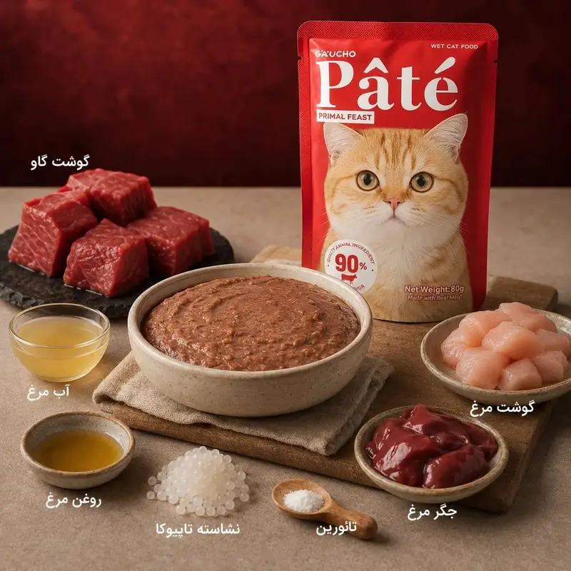 پوچ گربه بالغ گائوچو مدل Primal Feast طعم گوشت گاو
